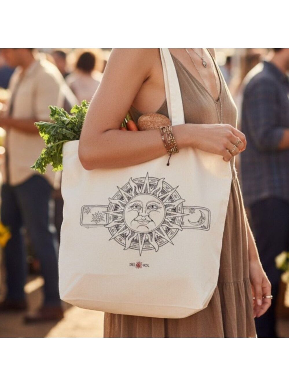 Del Sol Celestial Sun Moon Canvas Tote Bag Boho Astrology Cotton Market Bag